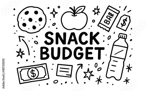 Playful doodle of snacks and budget items in black and white