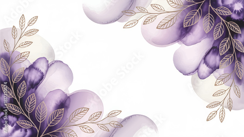 Abstract Purple Watercolor Flower and Gold Line Art Border , Luxury Elegant Wedding Invitation Floral Frame , Soft Pastel Violet and Deep Indigo Watercolor Background , Modern Golden Leaf Botanical
