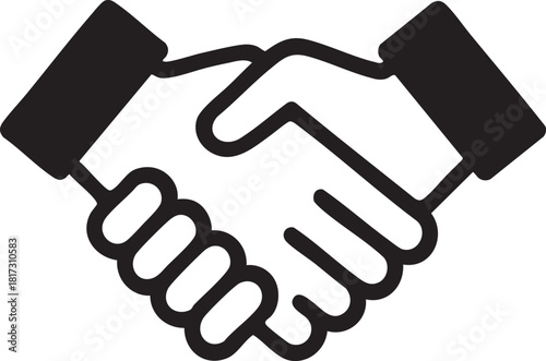 A simple black and white graphic depicting two hands engaged in a formal handshake symbolizing agreement