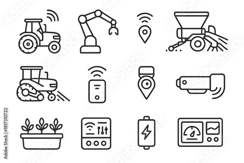 Autonomous Farming Icons. Line style icons of Autonomous Farming Machinery: self-driving tractor, robotic arm, seeder, harvester;