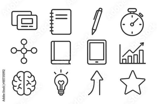 Study Technique Icons. Line style icons of Study Techniques: Flash Cards, Notebook, Pen, Timer; Mind Map, Book, Tablet, Graph;