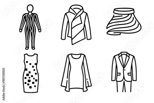 Digital Fashion Icons. Line style icons of digital-only fashion garments: glowing fiber outfit, morphing jacket, gravity-defying