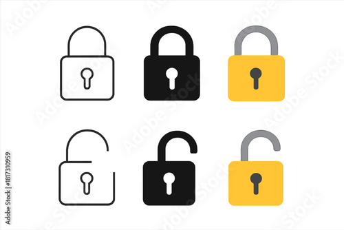 Various Lock Icon Designs. Linear minimalistic lock icon: closed padlock outline, uniform line thickness, no fill, Solid lock icon