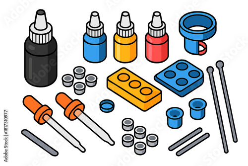 Tattoo Equipment Icons. Isometric vector illustration set Tattoo equipment – black tattoo ink bottle, colored ink bottles, ink cap