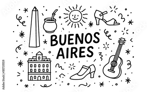 Buenos aires doodle art featuring iconic landmarks and cultural symbols