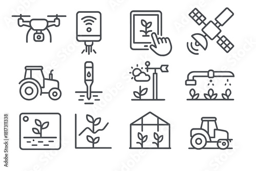 Digital Agriculture Icons. Line style icons of Digital Agriculture: drone, sensor, tablet, satellite; tractor, soil probe, weather