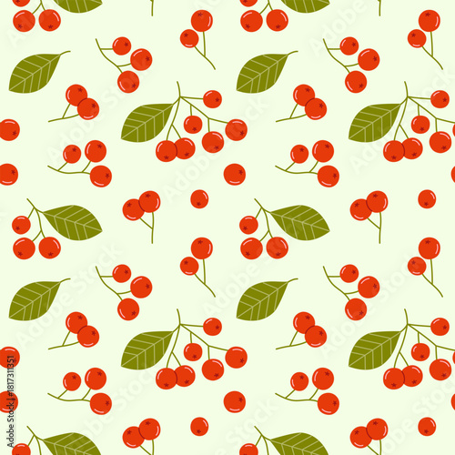 Rowan seamless pattern. Botanical print. Red berries with twigs and leaves on a light green background. Vector illustration.
