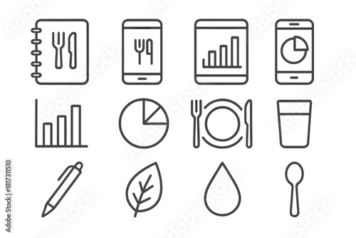Dietary Tracking Icons. Line style icons of Dietary Tracking: Notebook, App, Tablet, Smartphone; Bar Graph, Pie Chart, Plate,