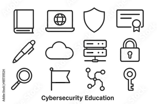 Cybersecurity Education Icons. Line style icons of Cybersecurity Education: Book, Laptop, Shield, Certificate; Pen, Cloud, Server,