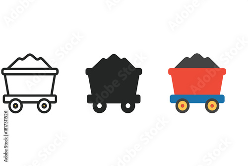 Minimalist Coal Tenders. Minimalist coal tender icon: three identical coal tenders in a row, first in line style with thin outline
