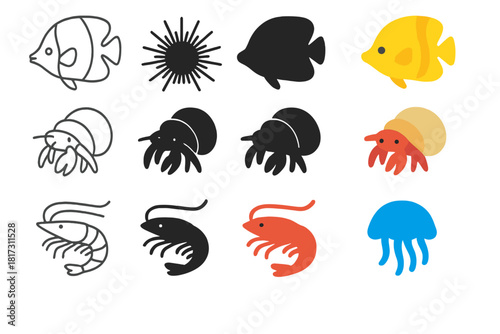 Underwater Icon Designs. Linear minimalistic underwater life icon:, butterflyfish, sea urchin, hermit crab, shrimp, jellyfish with