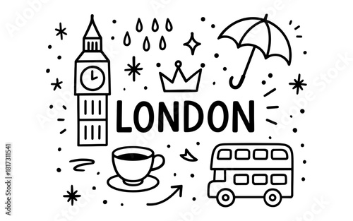 London icons: big ben, umbrella, double-decker bus in simple black and white