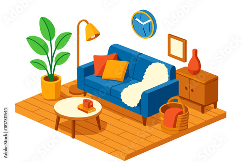 Scandinavian Living Room. Isometric vector illustration set Interior layout – Scandinavian living room couch, sheepskin throw,