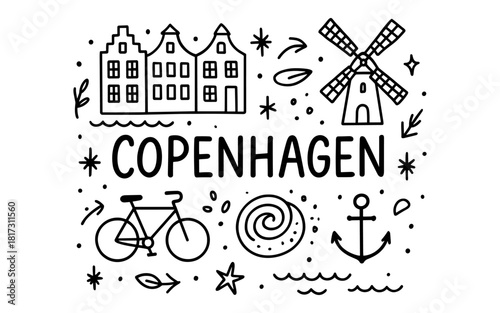 Copenhagen icons: charming doodle art of landmarks and cycling culture