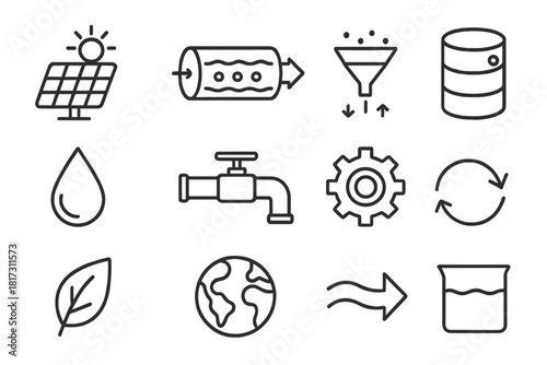 Sustainable Desalination Icons. Line style icons of Sustainable Desalination: Solar Panel, Reverse Osmosis, Filter, Tank; Water
