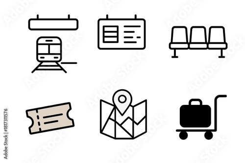 Minimalistic Railway Icons. Linear minimalistic railway hub icon: train platform, timetable screen, waiting seats, paper ticket,