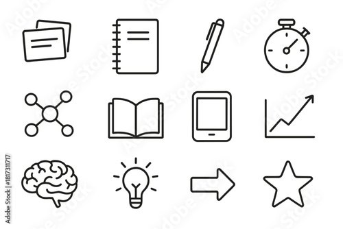 Study Technique Icons. Line style icons of Study Techniques: Flash Cards, Notebook, Pen, Timer; Mind Map, Book, Tablet, Graph;