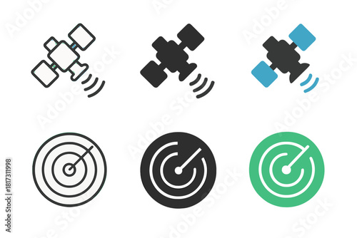 Minimalistic GPS and Radar Icons. Linear minimalistic gps icon: satellite outline with signal lines, uniform line thickness, no