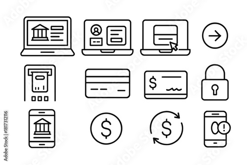 Online Banking Icons. Line style icons of Online Banking: laptop with bank interface, account dashboard, login screen, transfer