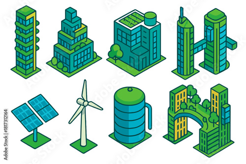 Eco Green Skyscrapers. Isometric vector illustration set Skyscraper silhouettes – eco green towers, vertical gardens, rooftop