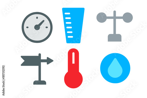 Atmospheric Instruments Icons. Linear minimalistic atmospheric instruments icon: barometer dial, rain gauge, anemometer cups, wind