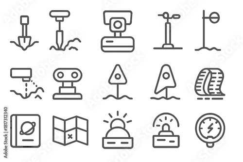 Planetary Surface Tools. Line style icons of Planetary Surface Studies: soil sampler, rock drill, panoramic camera, weather sensor