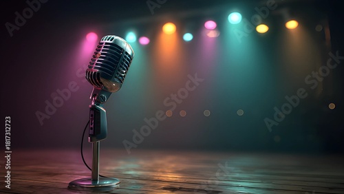 Retro microphone music stage colorful spotlight background. Open microphone, mic stage. Instrumental music audio announcers for musical performances, public speaking, recording sessions. 