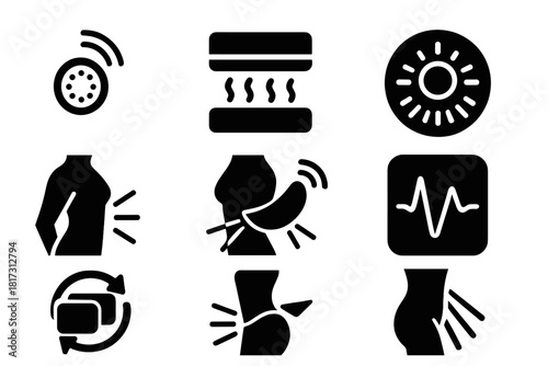 Advanced Light Therapy Icons. Solid style icons of sculpt enhancement with light therapy: air + LED ring icon, dual-mode pad,