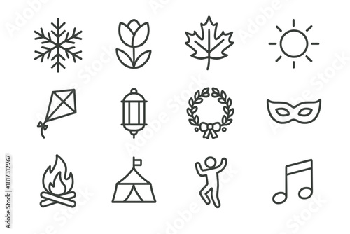 Seasonal Festival Icons. Line style icons of Seasonal Festivals: snowflake, spring flower, autumn leaf, sun icon; kite, lantern,