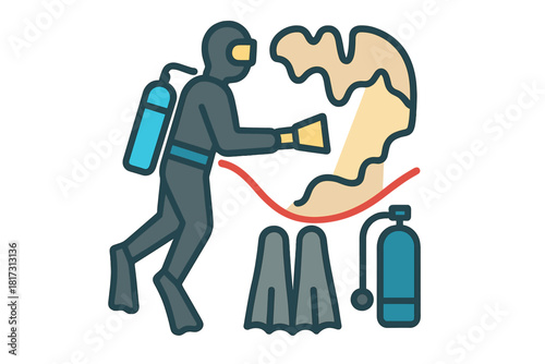 Underwater Spelunking Icons. Linear minimalistic underwater spelunking icon: diving suit, torch, cave layout, oxygen tank,