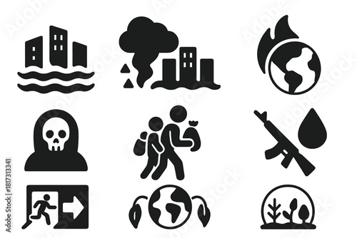 Climate Collapse Icons. Solid style icons of climate collapse scenarios: flooded cities, dust storms, fire continents. Heat death
