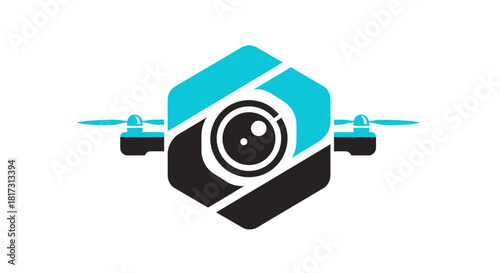 Abstract Drone Emblem Featuring a Camera Lens and Propellers in a Graphic Design