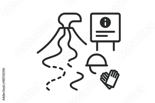 Volcanic Site Icons. Linear minimalistic volcanic site icon: lava flow, safety gear station, information board, trekking path,