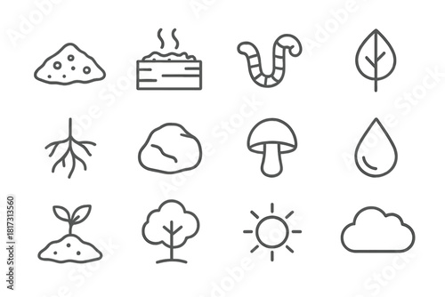 Soil and Nutrient Icons. Line style icons of Soil & Nutrient Cycling: Soil, Compost, Worm, Leaf; Root, Rock, Mushroom, Water Drop;