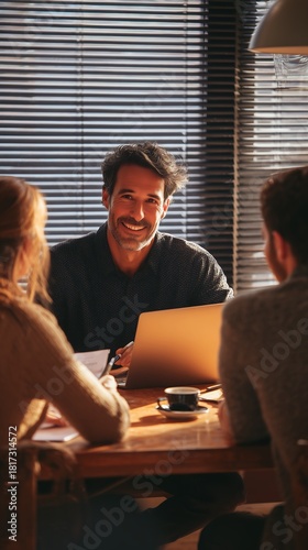 Smiling executive leading a modern business meeting