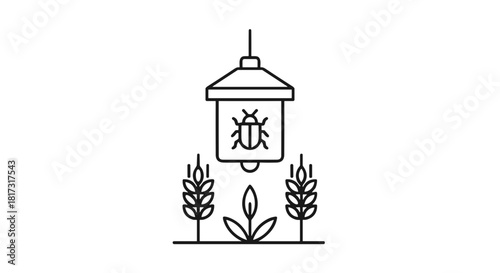 Pest trap in clean line art style, black and white colors, agricultural ecosystem protection