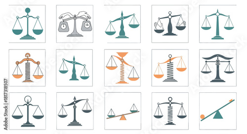 A collection of various balance scales and weighing instruments illustrating concepts of equilibrium and imbalance.