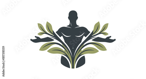 A stylized logo featuring a human figure with outstretched arms, integrated with plant elements.