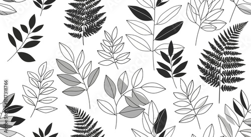 A seamless pattern of various stylized fern leaves and branches in black and white.