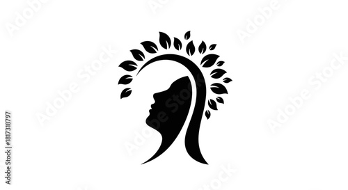 Black silhouette logo of a woman's profile with a leafy crescent crown representing natural beauty and mental wellness.