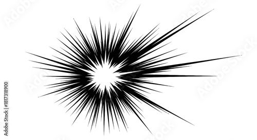 Black and white illustration of a burst or explosion with radiating lines emanating from a central point.