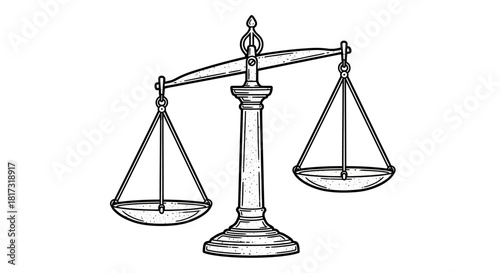 A classic black and white illustration of an unbalanced scale of justice, isolated on a white background.