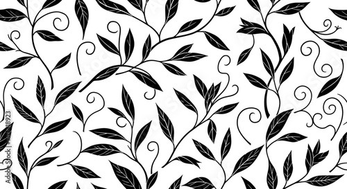 A seamless pattern of black stylized leaves and swirling vines on a white background, evoking a botanical illustration.