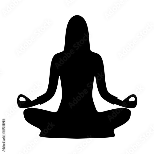 Black vector silhouette of a woman in a relaxing lotus pose for yoga, meditation, health, and balance