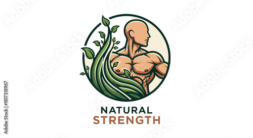 A powerful logo design featuring a muscular man intertwined with a leafy plant, symbolizing natural strength and vitality.