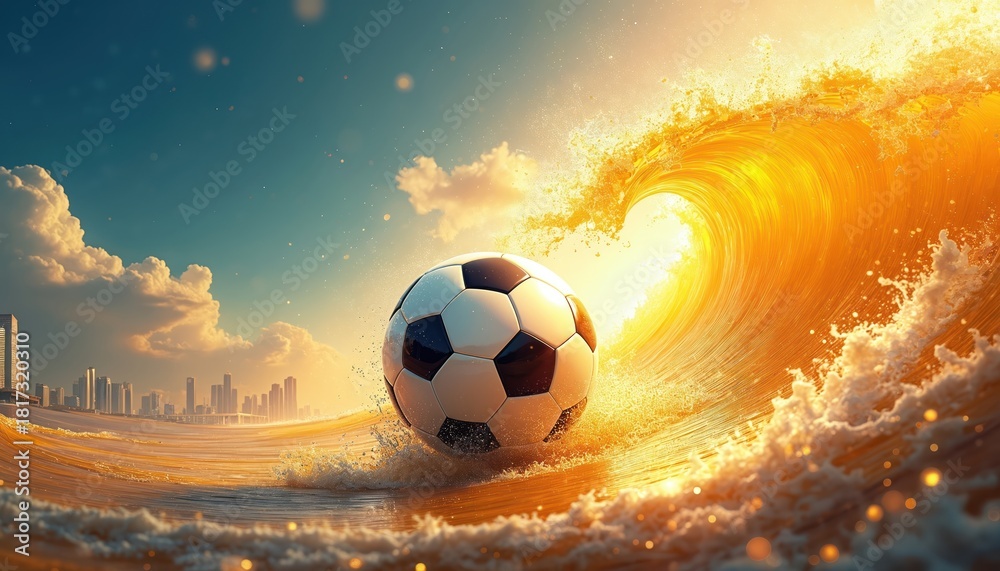 Fototapeta premium Artistic illustration features soccer ball inside gold wave. City skyline appears on background. Dynamic artwork portrays sport theme. Football concept design with water and sunlight.