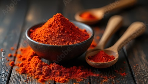 Fototapeta Naklejka Na Ścianę i Meble -  Close up photo shows paprika powder in bowl and wooden spoons. Red chili spice on dark wooden table. Ingredient for meal preparation cooking food recipes.