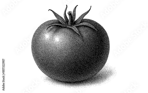 Vintage tomato drawing with stipple technique highlighting detailed texture and shadow