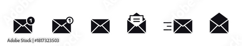 Envelope, Email and inbox icons showing notifications, open mail, unread/notification, closed, and sending messages, ideal for communication and modern UI elements.