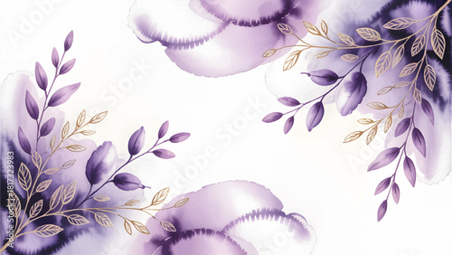 Vibrant Purple Watercolor Abstract Background with Foliage , Elegant Gold and Violet Leaf Wedding Invitation Border , Modern Abstract Ink Wash Floral Corner Design , Soft Pastel and Deep Purple 
